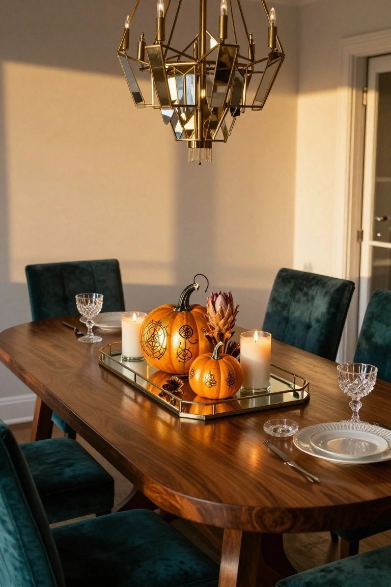 Dining room table with wooden surface, emerald green velvet chairs, gold-painted pumpkins and candles on a mirrored tray, crystal glassware, and brass chandelier overhead.