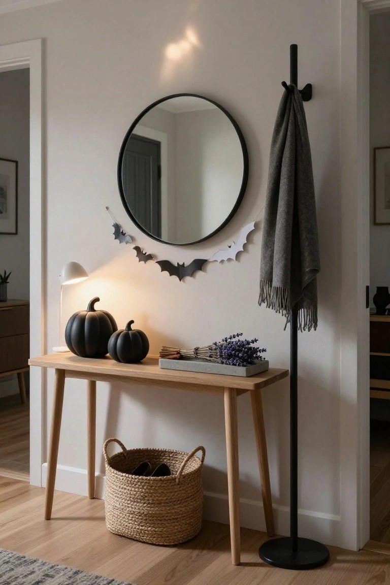 Wooden console table in a light entryway holding two matte black pumpkins, dried lavender bundle in a tray, with a round black-framed mirror decorated by white paper bat garland, black coat rack with gray scarf, and seagrass basket containing shoes.
