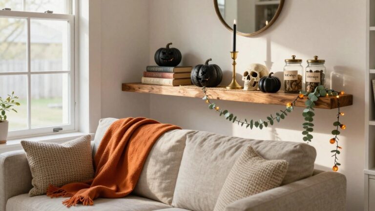 A wooden floating shelf on a white wall displays stacked books, orange and black pumpkins, a white skull, glass jars, black candles in brass holders, and a green leaf garland with lights, above a beige sofa with an orange throw blanket, carved pumpkin, books, and pillows in a light wood-floored living room.