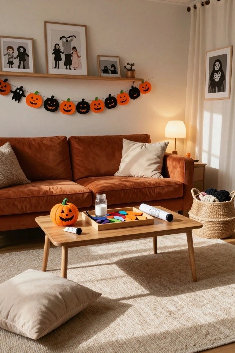 Living room with burnt orange velvet sofa, wooden coffee table holding a jack-o-lantern pumpkin, milk jar, colorful shape puzzle, and lotion tube, wooden shelves displaying photos and orange felt pumpkin garland, neutral pillows and rug on floor.