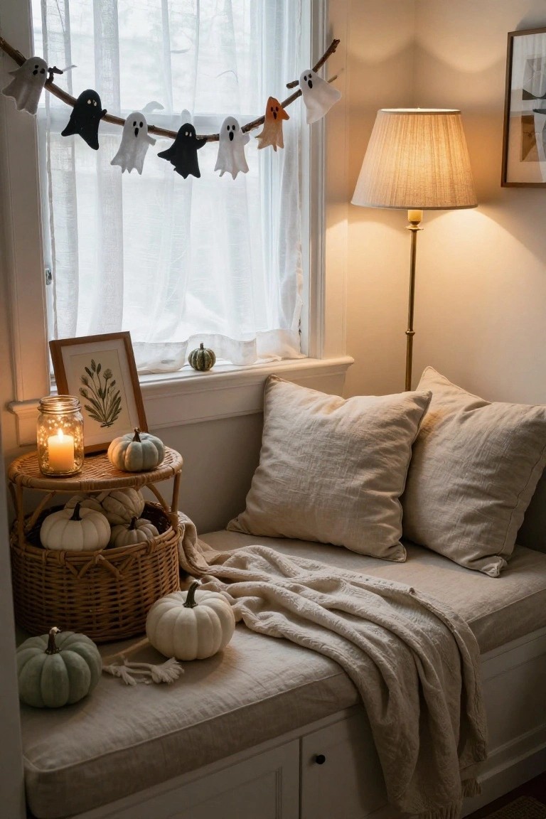 Indoor window nook with beige cushioned bench, pillows, and throw blanket, ghost garland hanging from branch over sheer curtains, small pumpkins, rattan tiered stand with candle jar, and floor lamp nearby.