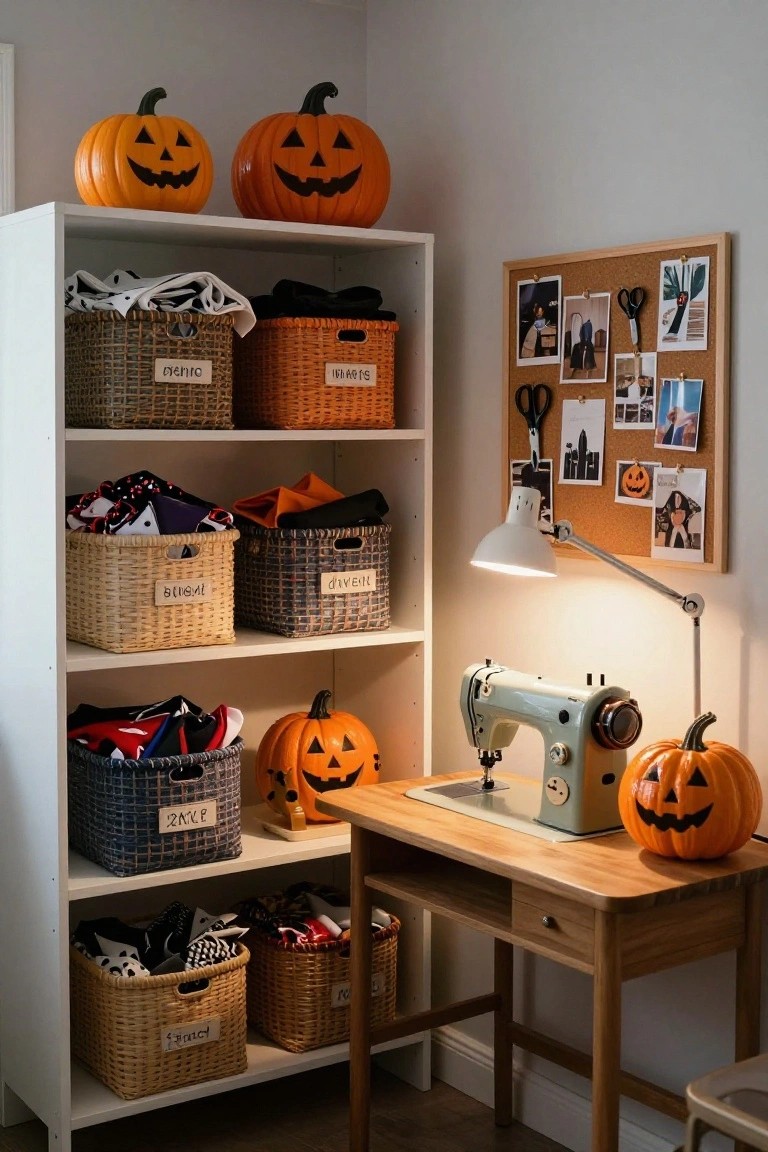White open bookshelf stocked with labeled wicker baskets of folded fabrics in black, orange, and other colors, beside a wooden desk holding a green vintage sewing machine and orange jack-o-lantern pumpkins on shelves and desk.
