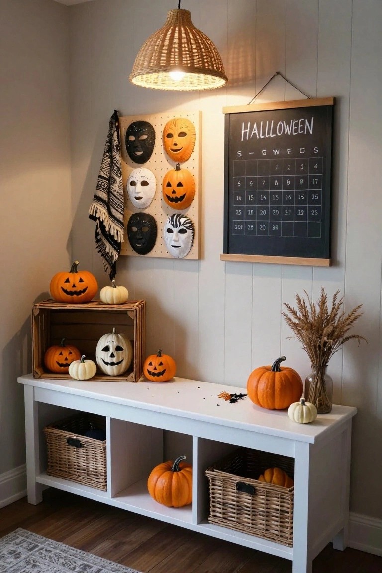Indoor corner with light gray shiplap wall displaying pegboard of black, white, and orange Halloween masks and pumpkins, chalkboard Halloween calendar, wooden crate holding white and orange pumpkins, and white bench with woven baskets containing pumpkins and blankets.