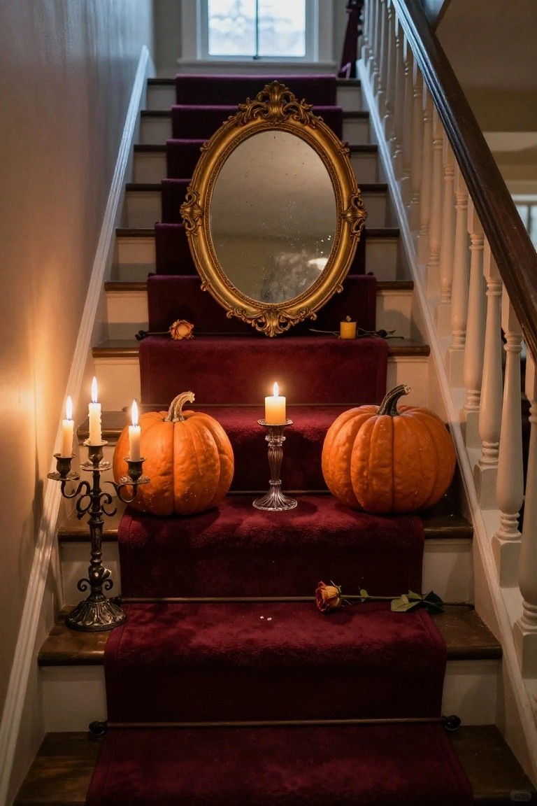 A wooden staircase covered in red carpet, flanked by an ornate gold oval mirror, orange pumpkins, black metal candelabras with candles, and a single rose on the lower steps.