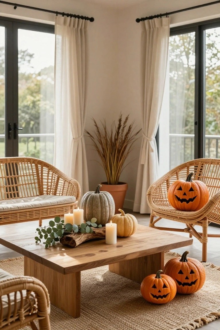 Cozy interior room corner with two rattan chairs each topped with a carved orange pumpkin, low wood coffee table holding white candles, small pumpkins, eucalyptus leaves, and driftwood, large windows with sheer white curtains overlooking trees, and two floor pumpkins nearby.