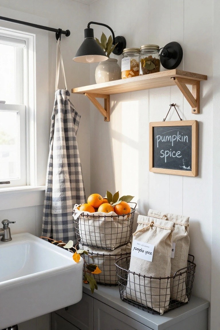 Kitchen sink area featuring stacked wire baskets with oranges and fabric bags labeled pumpkin spice, wooden shelf with jars above, checkered towel hanging nearby, and chalkboard sign reading pumpkin spice.