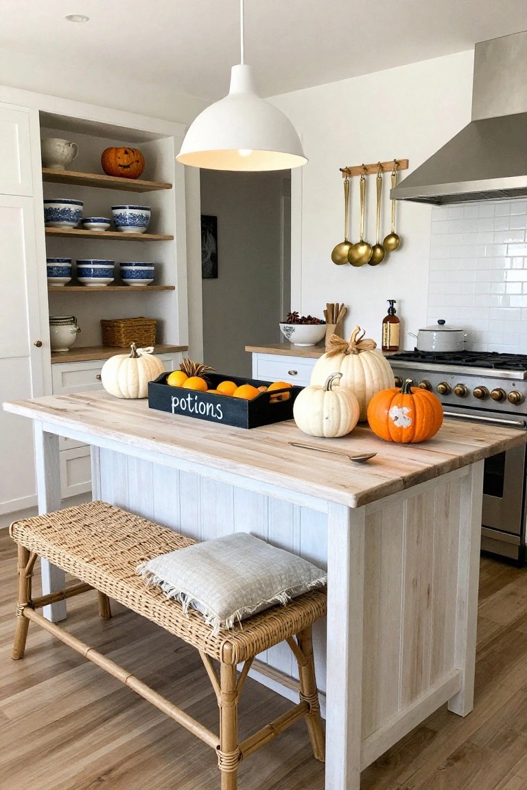 White shiplap kitchen island with pumpkins in white and orange, black wooden box labeled 