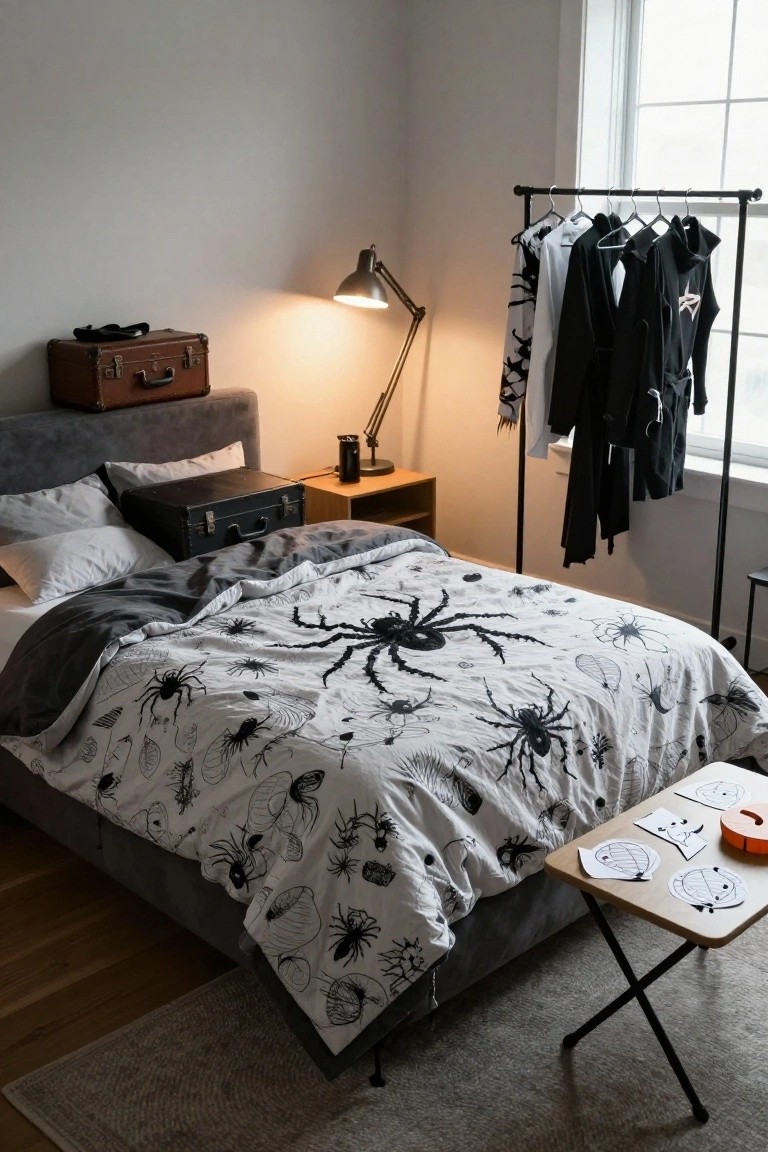 Bedroom with gray upholstered bed under white duvet cover printed with black spiders and insects, black clothing on metal rack nearby, two suitcases on nightstand, lamp lit, and paper Halloween crafts on folding table.
