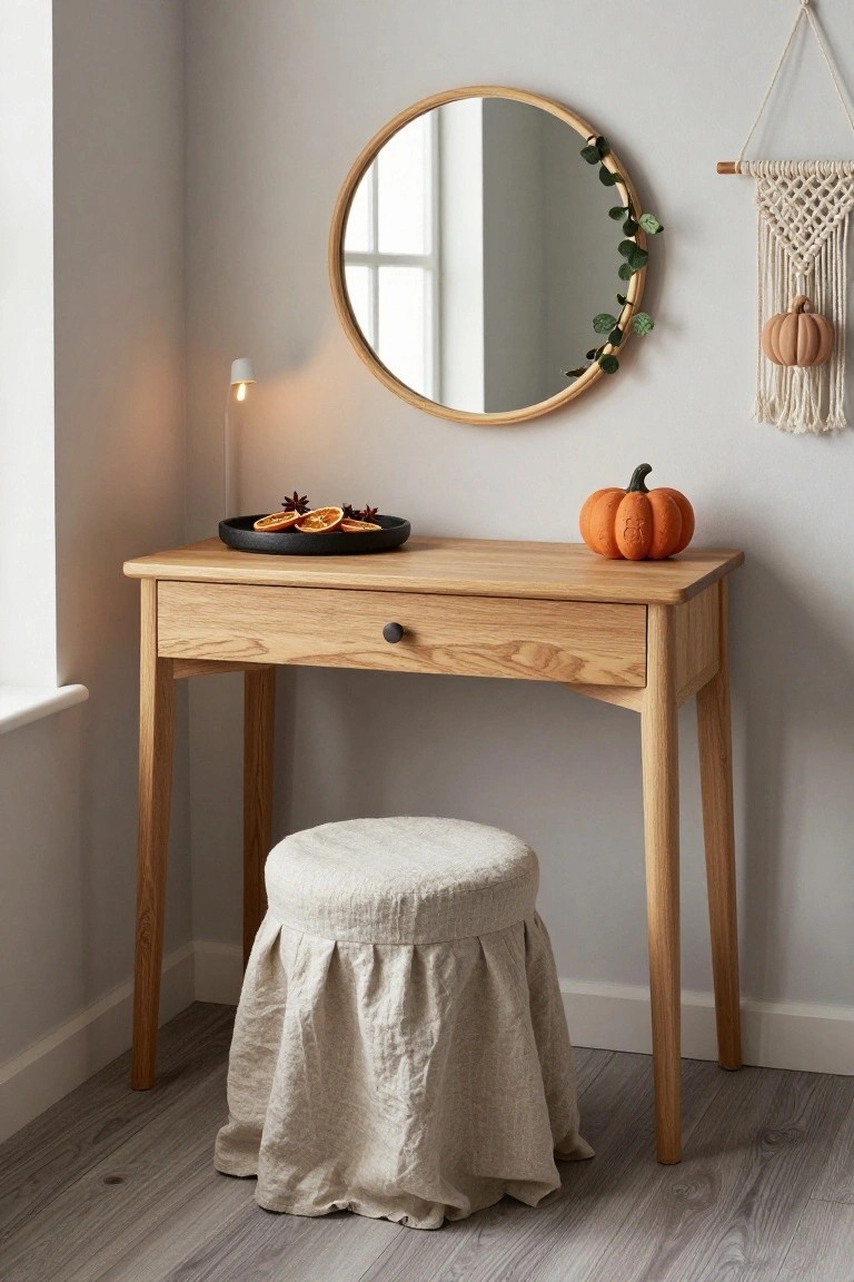 Wooden vanity desk with single drawer, round wall mirror wrapped in eucalyptus leaves, black plate holding dried orange slices and star anise, small orange pumpkin nearby, cream fabric pouf stool underneath, macrame hanging with pumpkin ornament on gray wall above gray wood floor