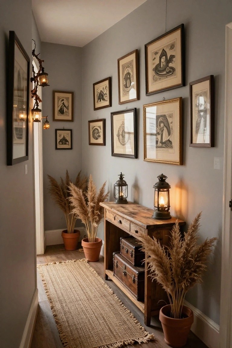 Gray narrow hallway with wooden console table holding lanterns and vintage suitcases, tall pampas grass in terracotta pots on either side, multiple framed black line drawings on walls, hanging lantern lights, and seagrass runner on wood floor.