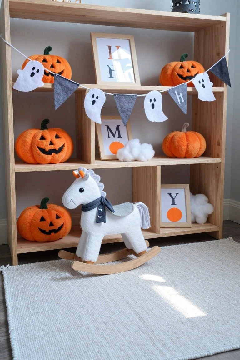 Wooden bookshelf filled with plush Halloween pumpkins, ghost bunting, letter frames, white cloud puffs, and a unicorn rocking horse positioned in front on a light-colored rug in a room.