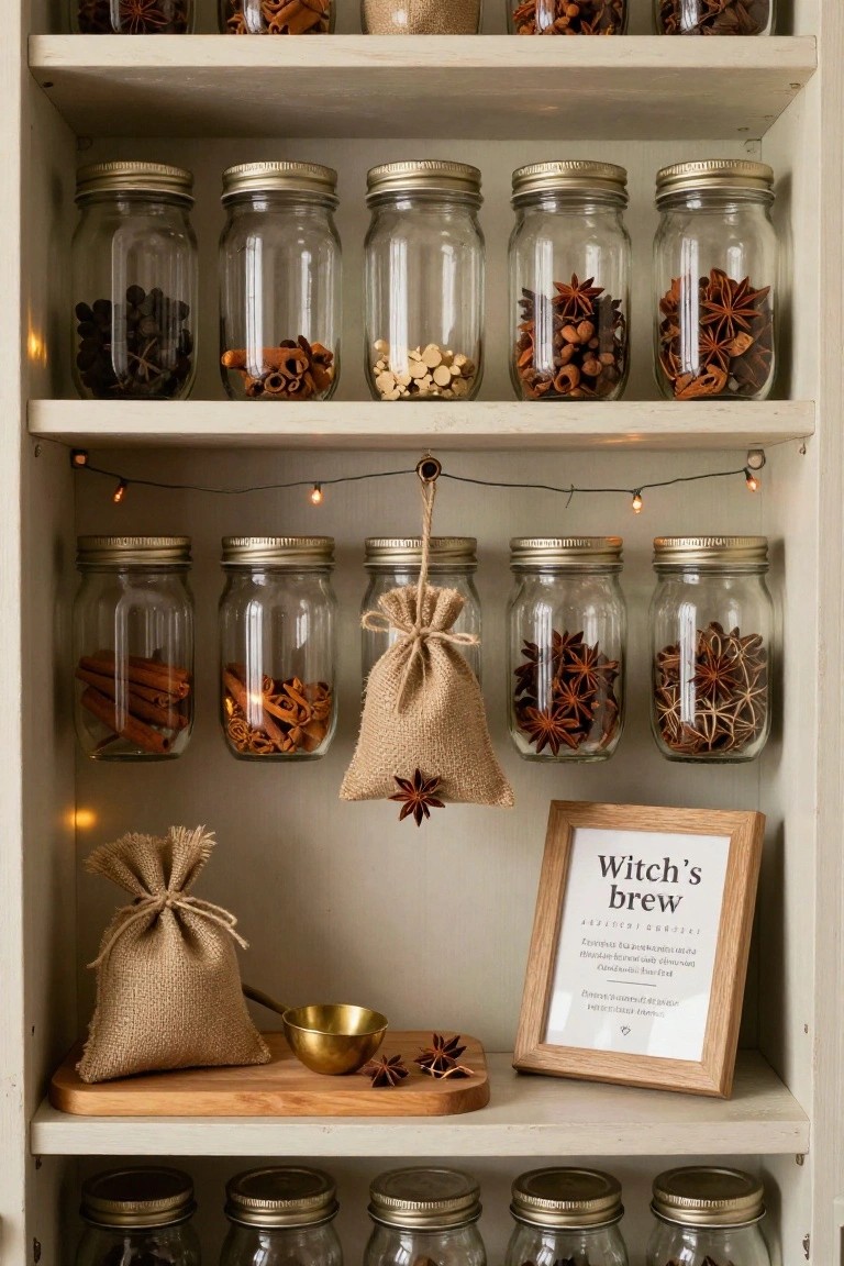 White wooden shelving unit with glass jars of spices like cinnamon sticks and star anise, hanging burlap sacks, fairy lights, a brass ladle on a wooden board with star anise, and a framed 
