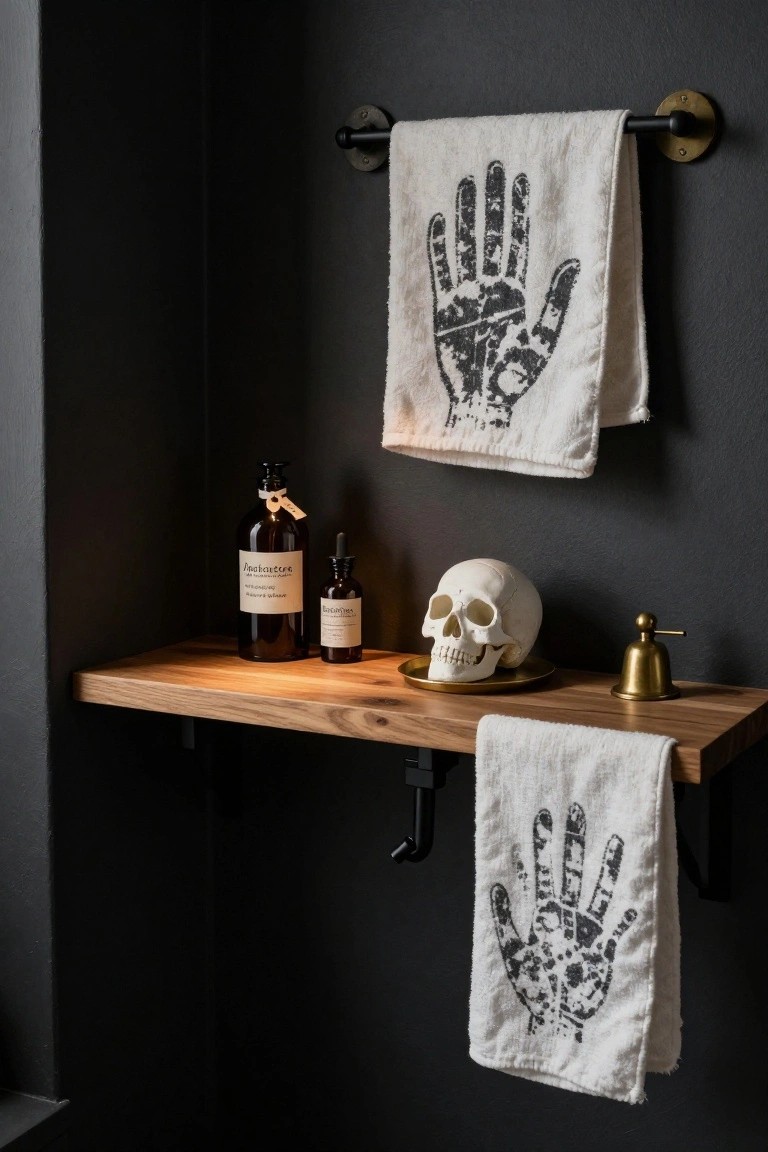 Dark bathroom corner with wooden shelf holding brown glass apothecary bottles, dropper bottle, white plastic skull on gold plate, and brass bell, with white towels printed with black hand designs hanging on black metal rods and bar.
