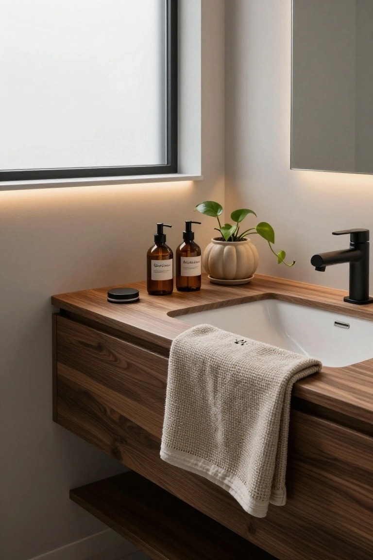 Modern bathroom vanity with floating walnut wood cabinet, white sink, black faucet, two amber glass soap dispensers, black round soap dish, potted plant, beige towel hanging from the side, under-cabinet lighting, and frosted window in the background.