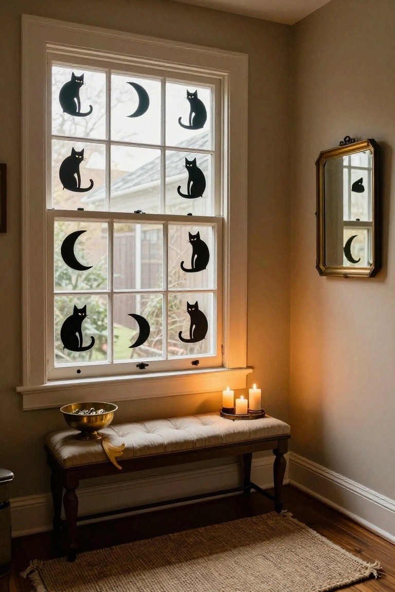 Tall multi-pane window with black silhouette stickers of sitting cats and crescent moons on the glass, a tufted bench with brass bowl and candles below, in a beige-walled interior corner with wood floor and rug.