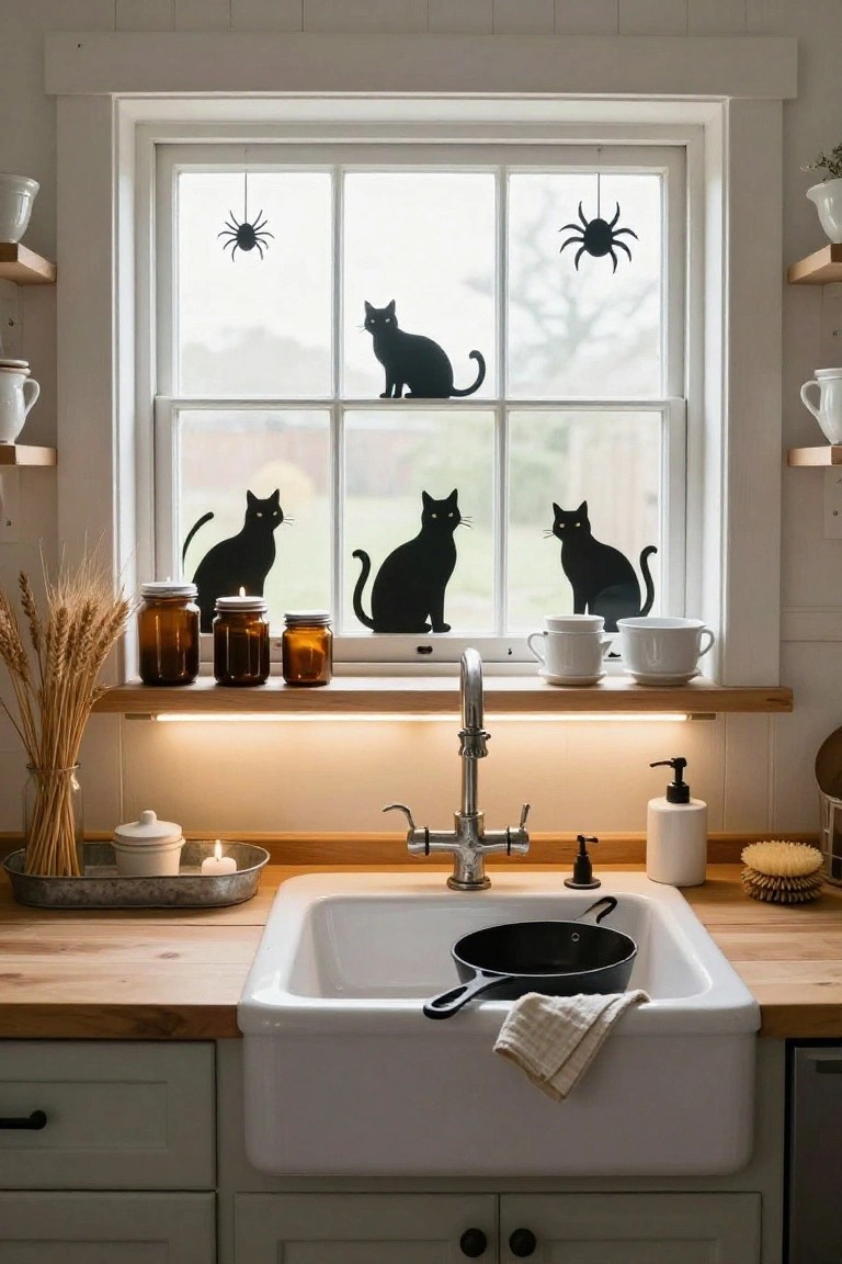 Farmhouse kitchen sink with white cabinets and wooden counters, window decorated with black silhouette cats and spiders, shelves holding jars, candles, wheat stalks, and white dishes.