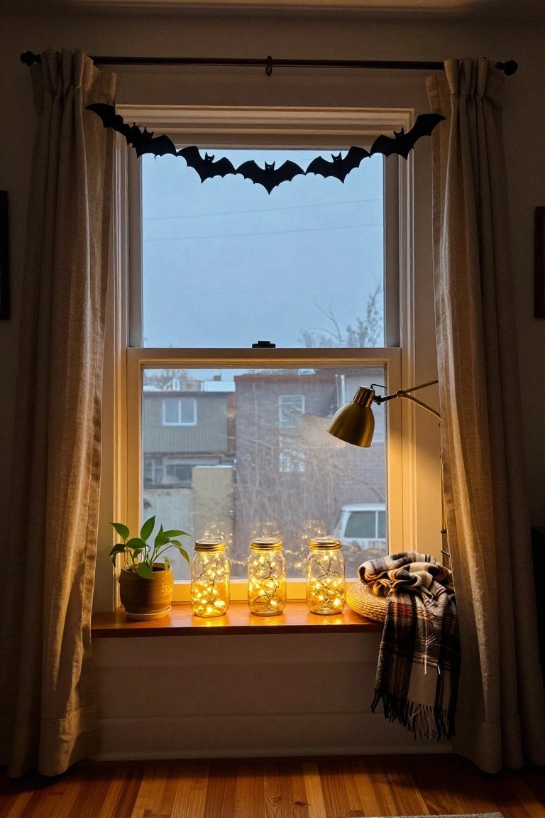 Windowsill inside a home with four mason jars filled with fairy lights, a potted green plant, a wicker basket holding a plaid blanket, black bat garland draped across the window frame above, a brass adjustable lamp to one side, and a view out to a neighborhood street in overcast daylight.