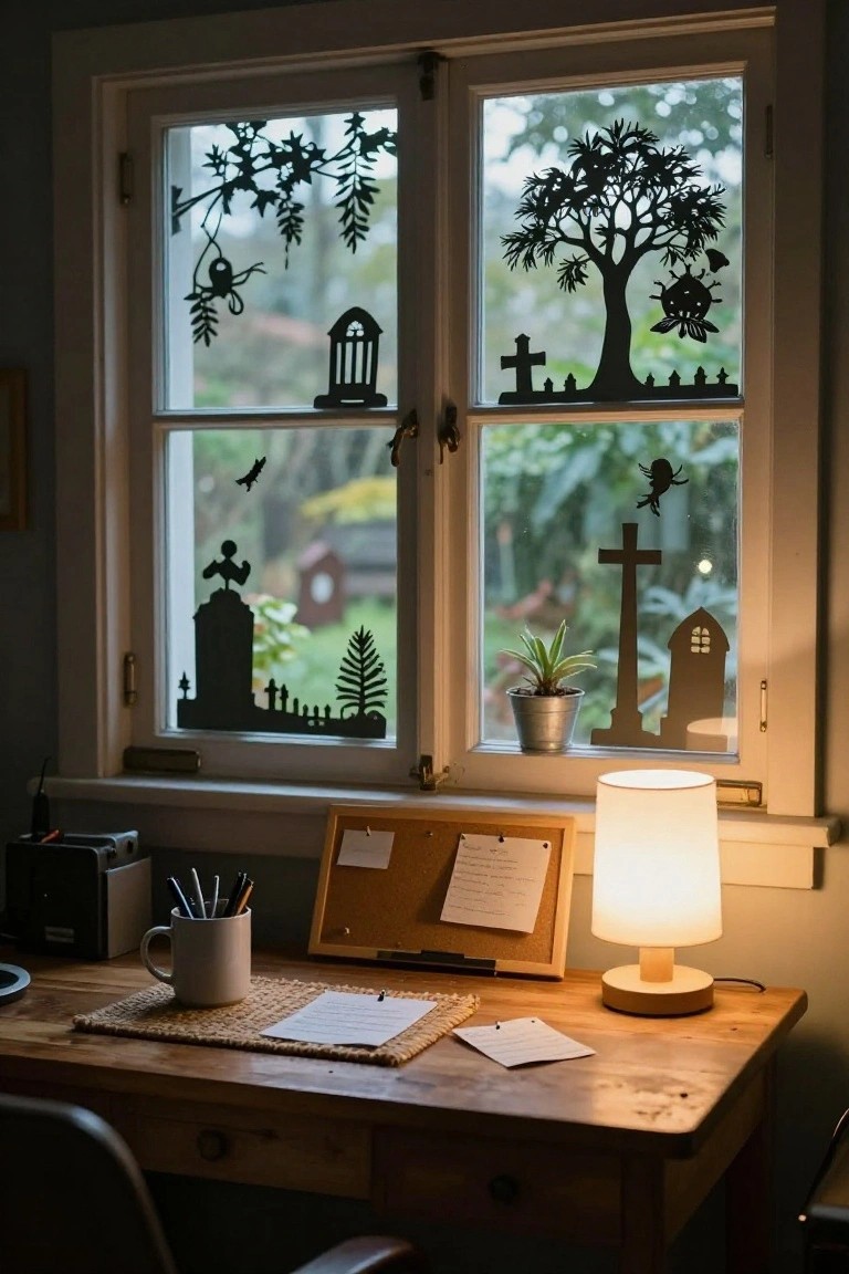 Cozy interior desk setup with wooden table, lamp, mug, and corkboard next to a window covered in black silhouette cutouts of Halloween graveyard scenes including trees, gravestones, crosses, bats, and spiders.