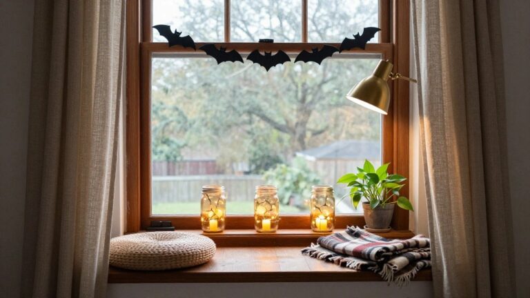 Windowsill inside a home with four mason jars filled with fairy lights, a potted green plant, a wicker basket holding a plaid blanket, black bat garland draped across the window frame above, a brass adjustable lamp to one side, and a view out to a neighborhood street in overcast daylight.