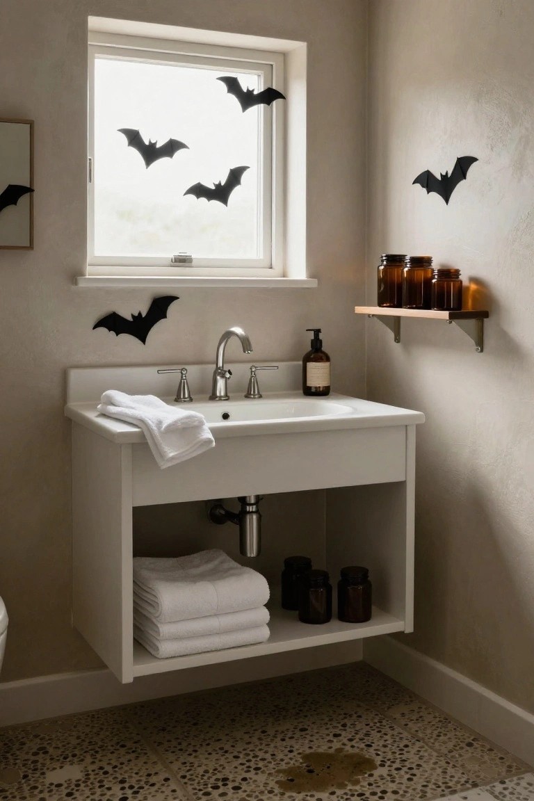 Bathroom with black paper bat cutouts on the window and walls, white pedestal sink draped with towels, glass apothecary jars on wooden shelves above, and pebble tile floor.