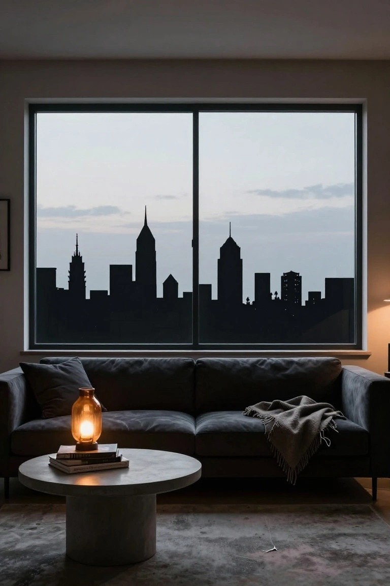 Modern living room interior with black velvet sofa, concrete coffee table holding stacked books and a glowing orange glass lamp, gray rug, and large window covered in black city skyline silhouettes against a cloudy twilight sky.