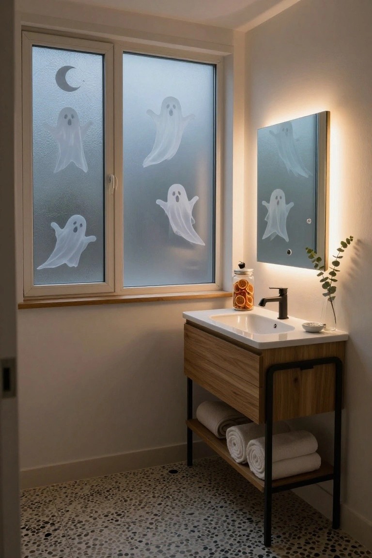 Modern bathroom with double frosted windows decorated with white ghost and crescent moon stickers, backlit mirror, wooden vanity holding sink and orange slices in jar, towels on lower shelf, and pebble floor.