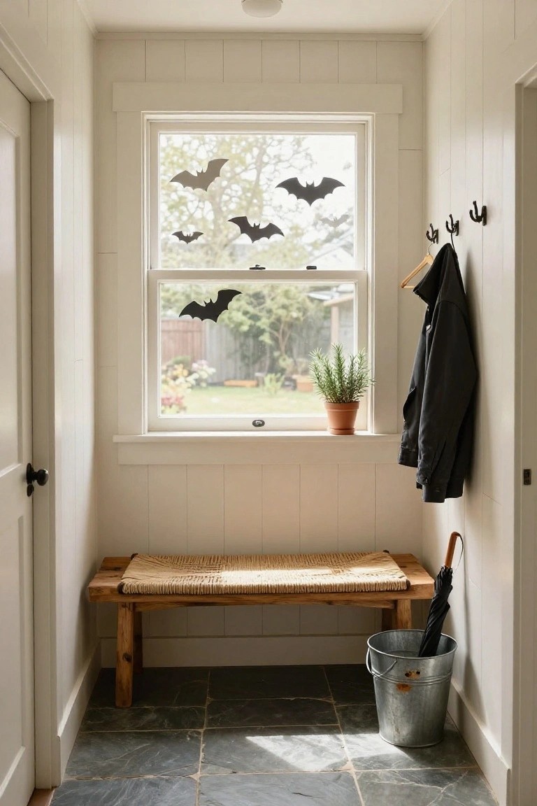 Narrow white shiplap mudroom with wooden bench seat, coat hooks holding black jacket and hanger, potted rosemary on windowsill, black umbrella in metal bucket on slate floor, and black bat cutouts on double-hung window showing garden view.