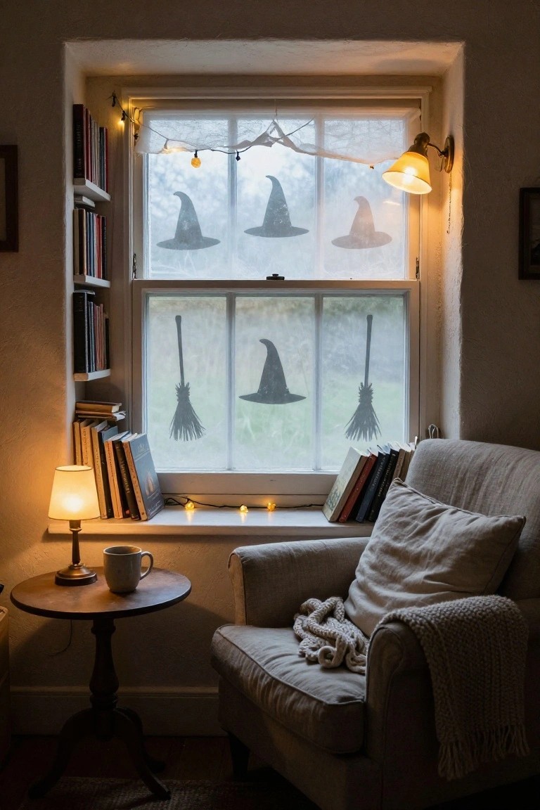 Cozy beige armchair beside a window with Halloween witch hat and broom silhouettes on frosted panes, fairy lights strung above, bookshelves, table lamp, and mug of tea on a side table.