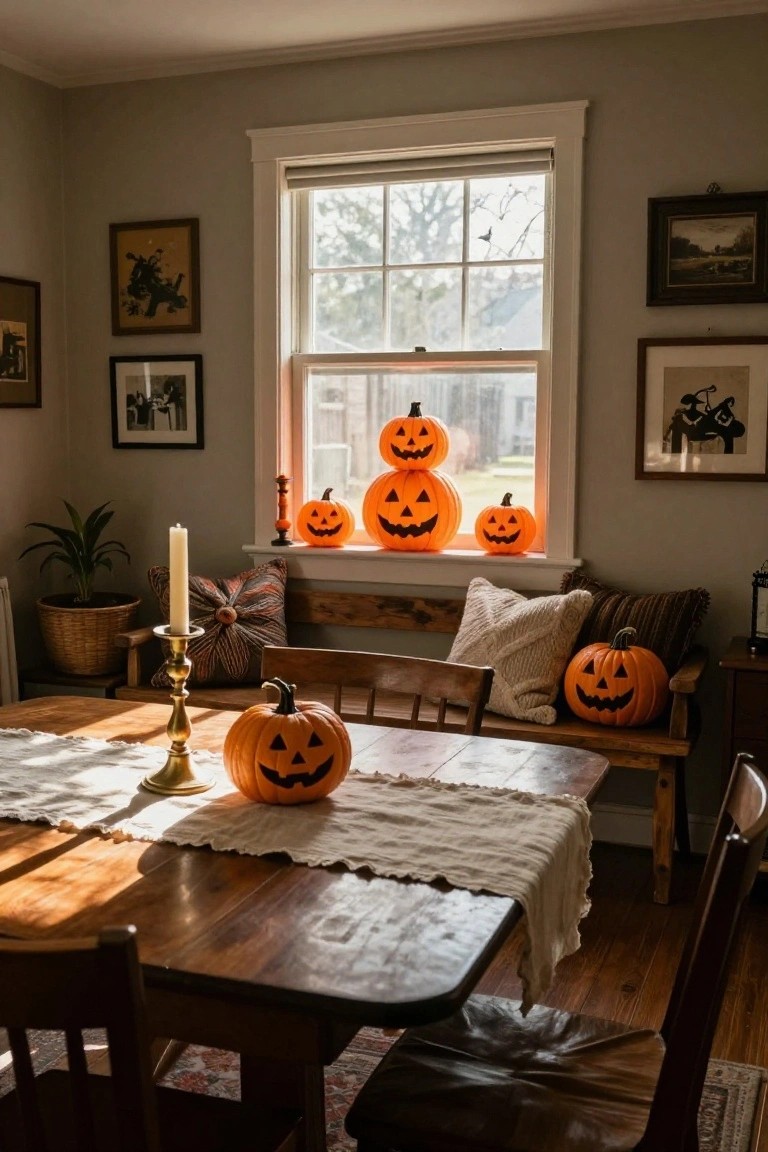 Gray interior dining room with wooden table, chairs, and bench, featuring orange jack-o-lantern pumpkins on the windowsill, table, and bench, along with candles, pillows, plants, and framed artwork on walls.