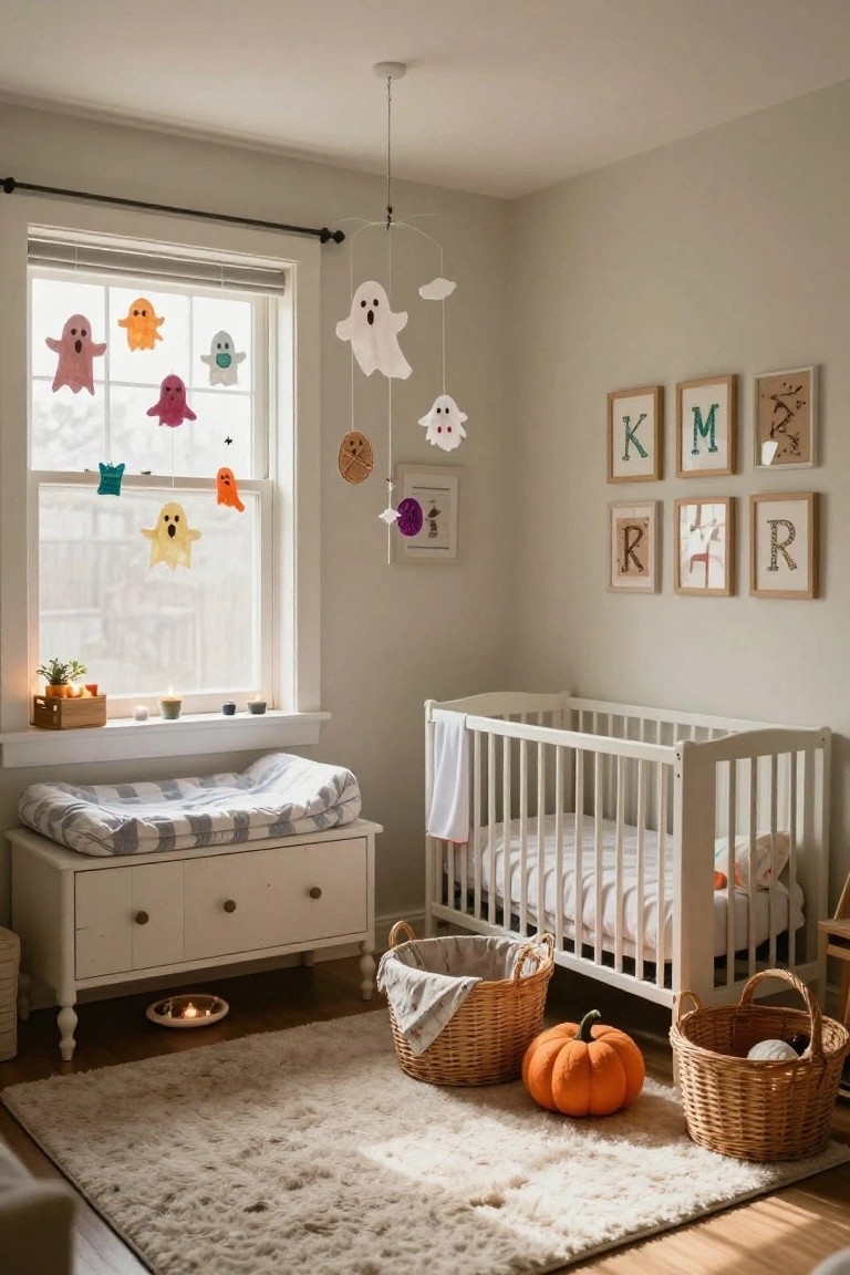 Nursery room featuring a white crib, changing table, baskets with laundry, a pumpkin on the floor, and Halloween decorations including colorful felt ghosts hanging from the window and a ghost mobile from the ceiling.