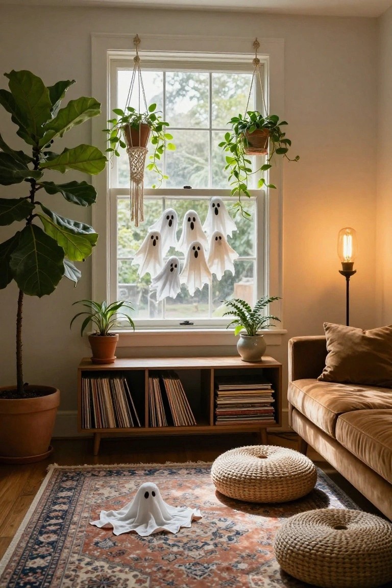 Cozy living room interior with white fabric ghost decorations hanging from macrame plant hangers in front of a large window overlooking trees, surrounded by potted plants, wooden bookshelves with records, a tan sofa, woven floor poufs, and a small ghost on an orange-toned rug.