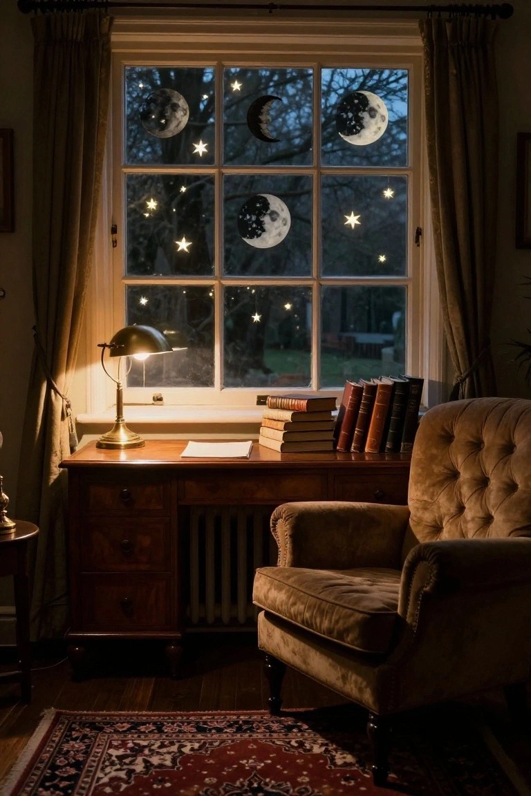 Interior of a dimly lit study at night featuring a wooden desk with brass lamp, stacks of leather-bound books, tufted armchair, and large multi-pane window decorated with black moon and star silhouettes.