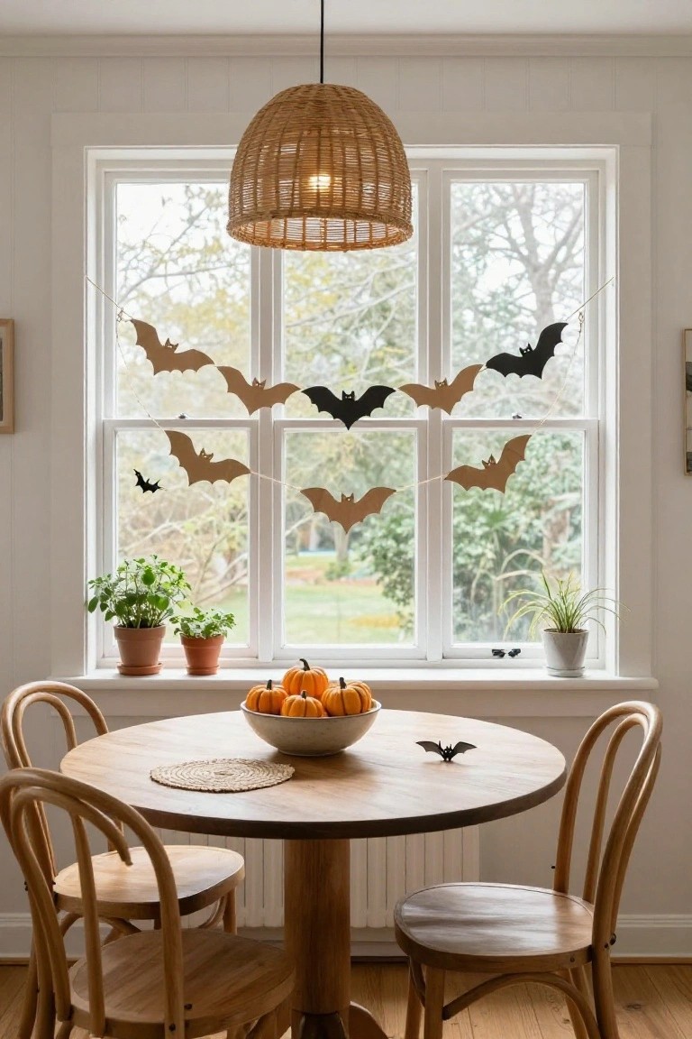 Kitchen window with garland of orange and black paper bats strung across panes, small pumpkins in bowl on sill, potted plants nearby, round wooden table with chairs in foreground
