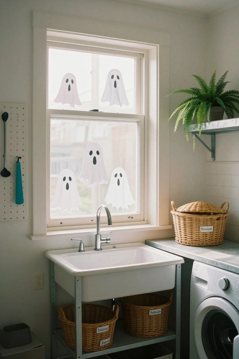 Laundry room featuring a window with multiple white paper ghost cutouts, a white sink on a metal stand, wicker baskets labeled with tags, a washing machine, and potted plants on a shelf.