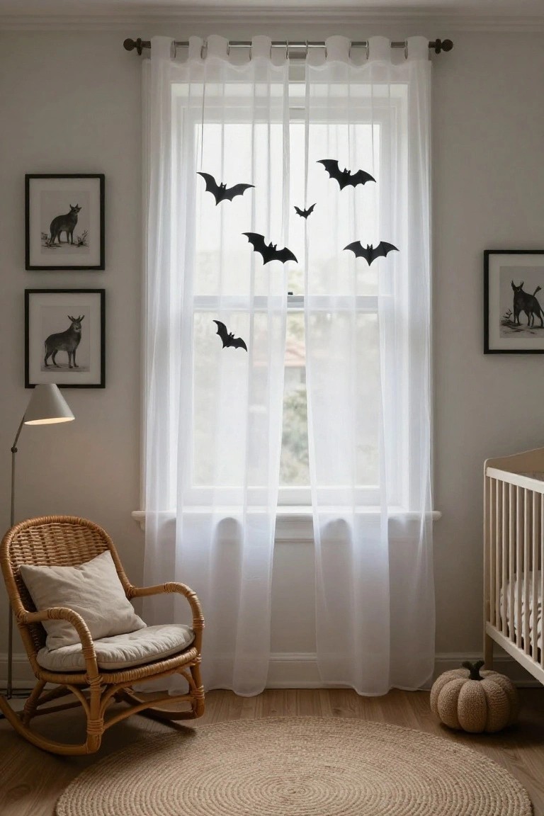 Nursery room featuring sheer white curtains on a window decorated with multiple black paper bat cutouts, a wooden crib, rattan rocking chair with cushions, black and white framed animal prints on walls, floor lamp, knitted beige pumpkin, and round jute rug on wood floors.