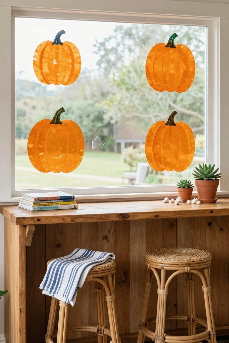 Window with four orange translucent pumpkin decals applied to the interior glass, overlooking trees and grass, above a wooden sill holding stacked books, seashells, potted succulents, and two rattan stools with a blue towel draped over one.