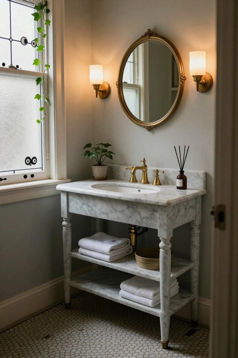 Bathroom interior with marble-topped vanity, gold fixtures, round mirror, potted plants, reed diffuser, stacked towels, and a window featuring black circular eyes on frosted glass with ivy vines.