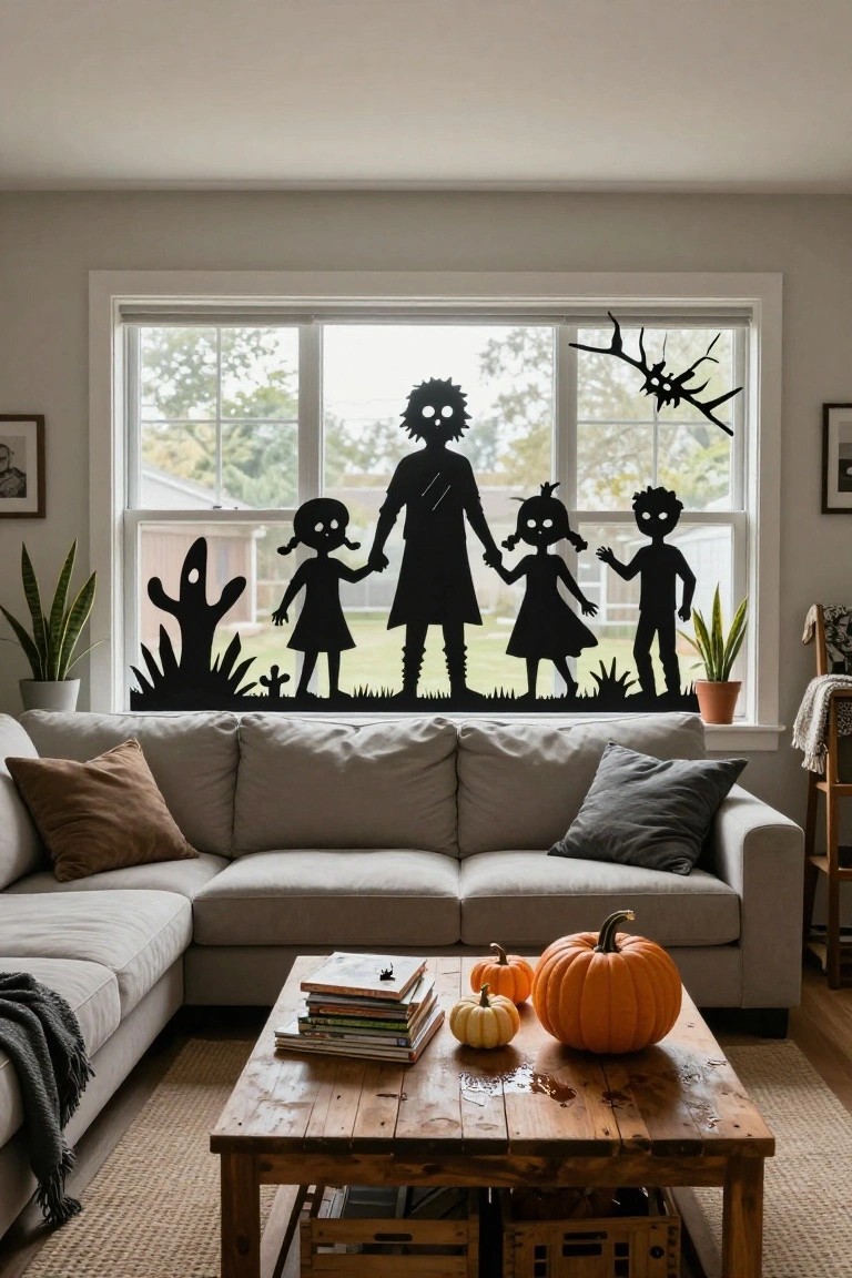 Living room interior with a large window covered in black silhouette cutouts depicting a zombie mother and three zombie children standing in a landscape with spooky cacti and grass, next to a gray L-shaped sofa, wooden coffee table holding stacked books and pumpkins, potted plants, and a throw blanket.