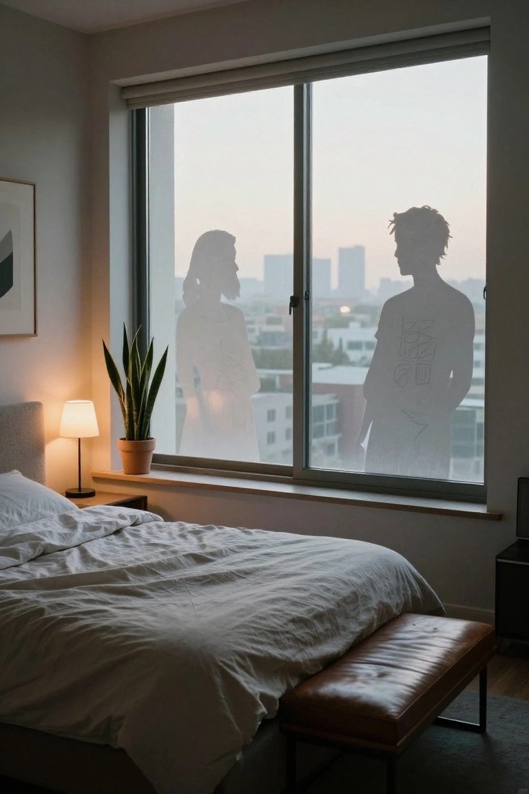 Bedroom with white bed, lamp, potted plant, and large frosted window showing black silhouettes of a woman and man standing outside against a city skyline at dusk.