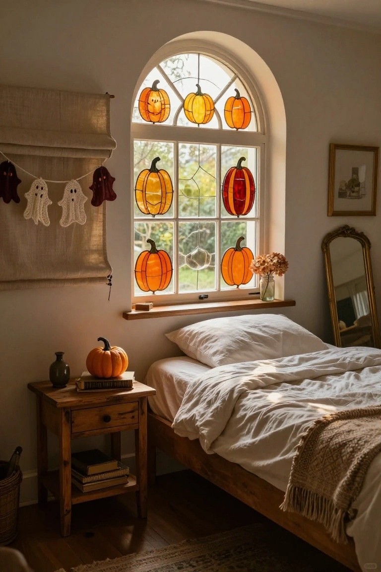 Arched bedroom window filled with orange stained-glass style pumpkin suncatchers, ghost crochet garland on linen shade, wooden nightstand with real pumpkin and stacked books next to white bed and gold-framed mirror.