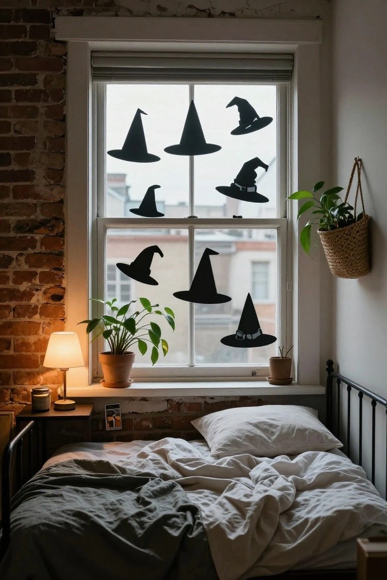 Bedroom interior with exposed brick walls, large window decorated with multiple black witch hat silhouettes, potted plants on the sill and hanging nearby, bedside lamp, and rumpled bed sheets.