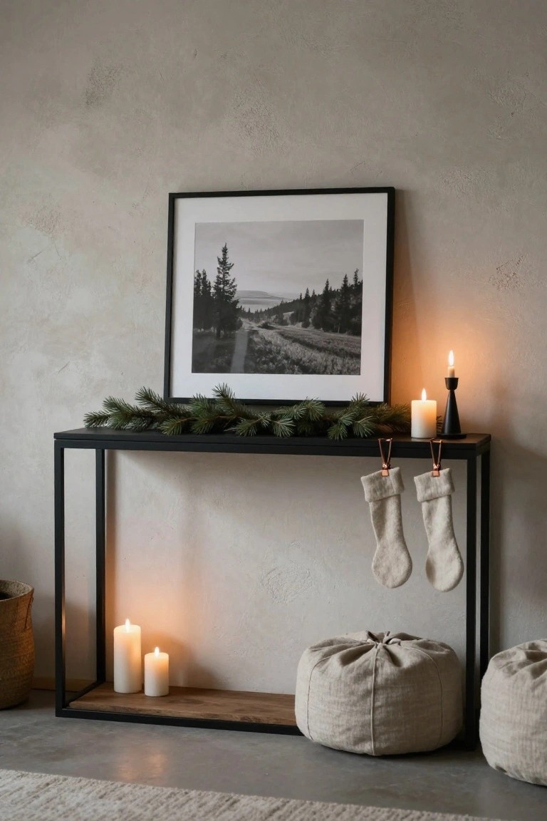 Black metal console table against textured beige wall, topped with fir garland and white candles, white stockings hanging from legs, black-framed photo of pine landscape above, wicker basket and beige linen poufs nearby.