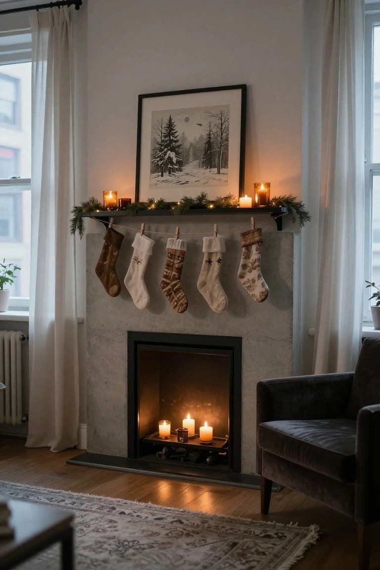 Cozy living room with gray concrete fireplace, stockings, candles, and winter-themed artwork.