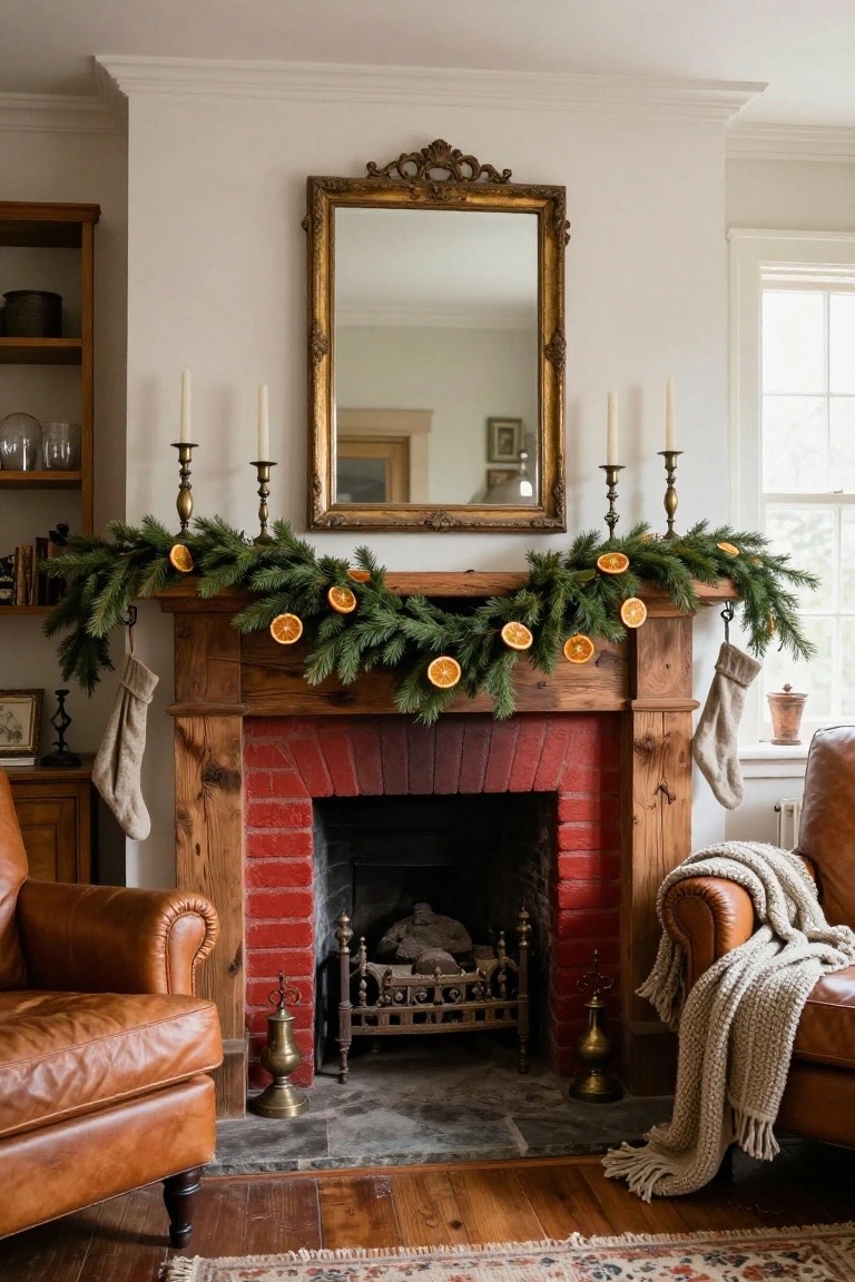 Wood fireplace mantel decorated with green evergreen garland strung with dried orange slices, white candles in brass holders above on a gold-framed mirror, beige stockings hanging, and leather armchairs with throw nearby.