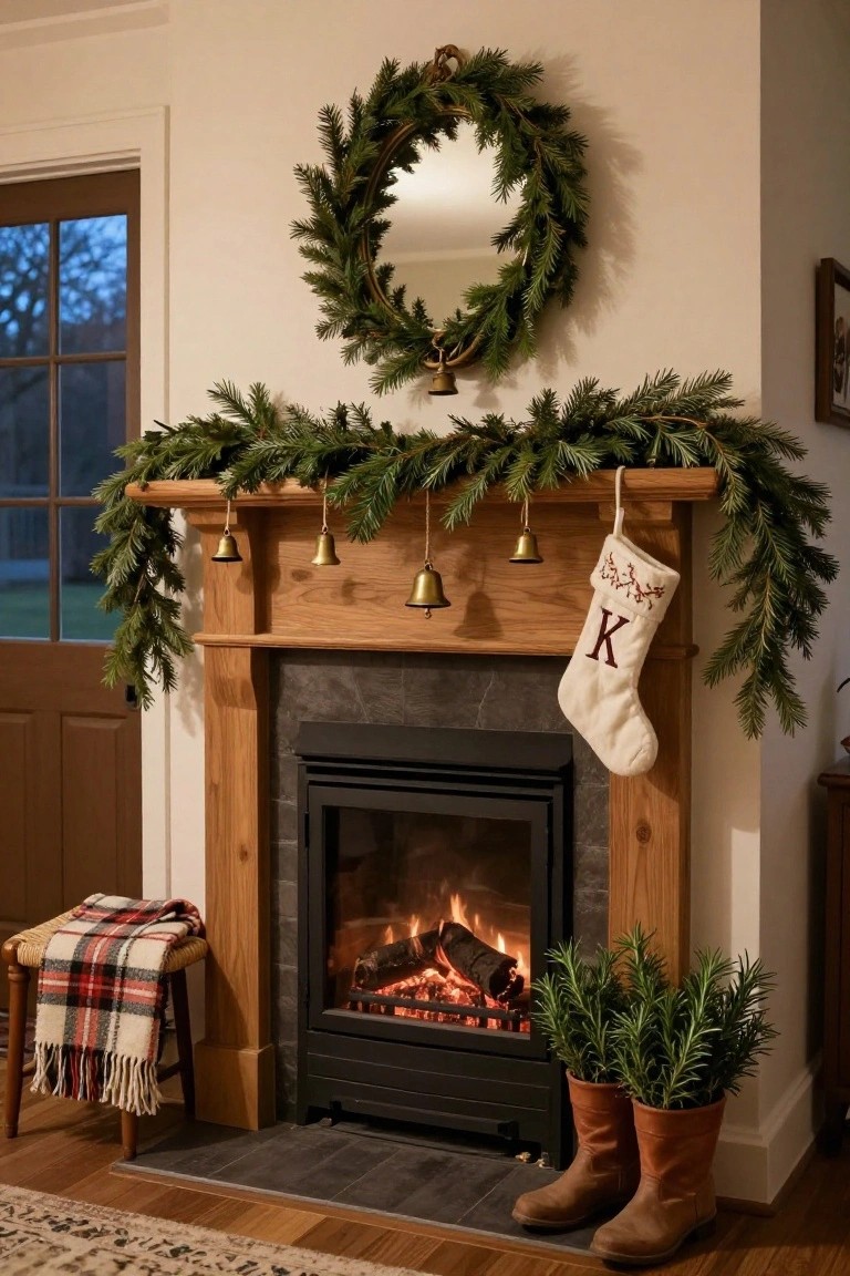 Wooden mantel above a lit gas fireplace decorated with evergreen garlands, hanging brass bells, and a white monogrammed stocking, with a plaid blanket on a stool, rosemary plants in tall leather boots, and windows nearby.