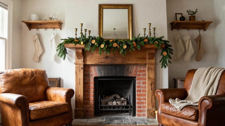 25 Elegant Rustic Christmas Mantle Ideas That Blend Charm and Sophistication Wood fireplace mantel decorated with green evergreen garland strung with dried orange slices, white candles in brass holders above on a gold-framed mirror, beige stockings hanging, and leather armchairs with throw nearby.