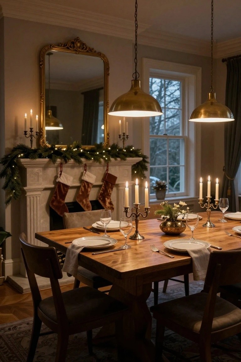 Dining room featuring a marble fireplace mantel decorated with lit evergreen garland and hanging Christmas stockings, beside a wooden table set with white plates, wine glasses, and candelabras.