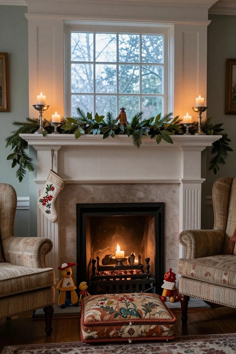 Fireplace mantel decorated with evergreen garland, candlesticks with candles, and a white embroidered Christmas stocking hanging from the side, with wooden toys by the fire and armchairs in a living room.