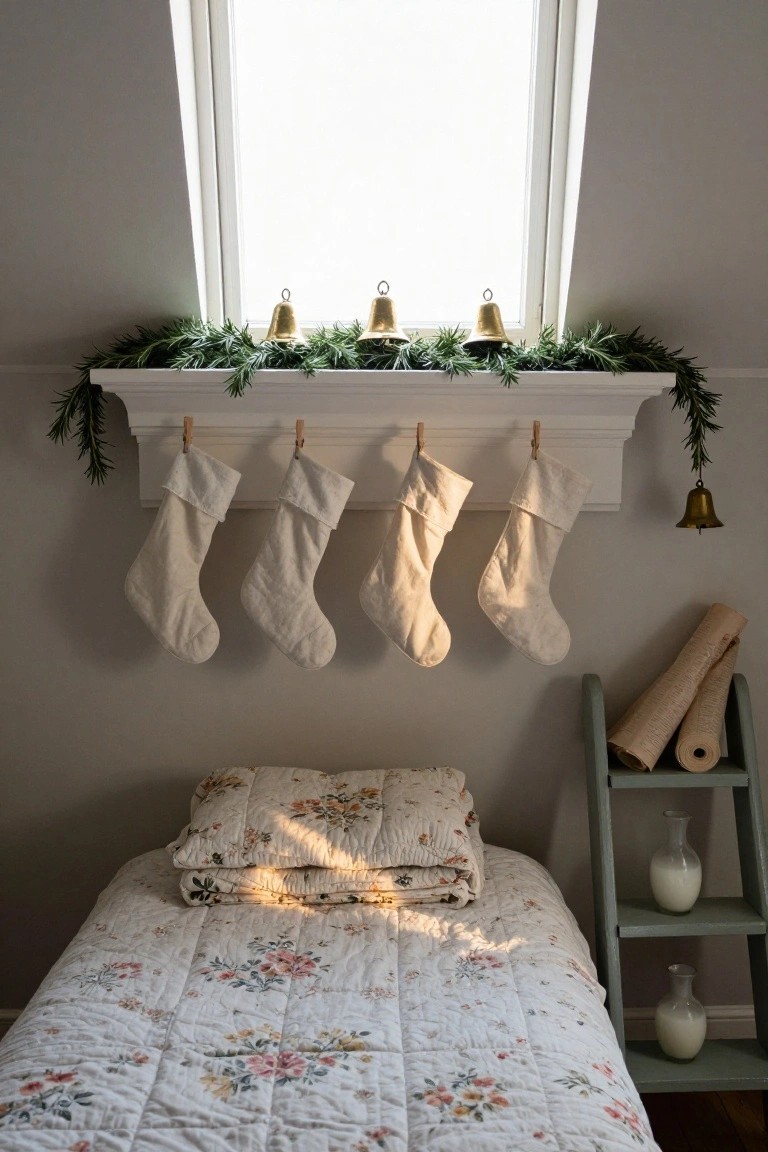 A bedroom with four white Christmas stockings hanging from clothespins on a white wooden shelf above a window, flanked by rosemary garland and brass bells, beside a bed covered in a floral quilt and a green ladder shelf with rolled paper and glass milk bottles.