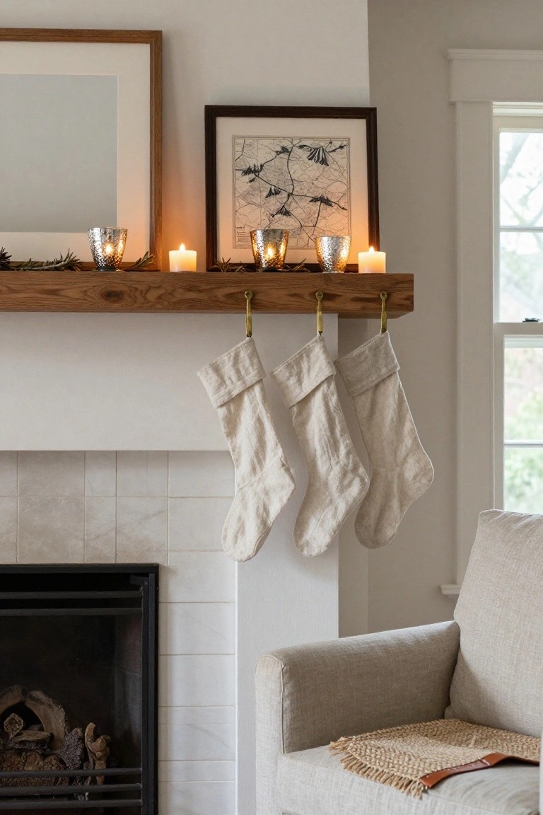 A wooden beam mantel above a tiled fireplace holds mercury glass candles with flickering flames and evergreen branches, with three white linen Christmas stockings hanging from brass hooks, and a beige armchair with a seagrass mat nearby in a light-colored room.